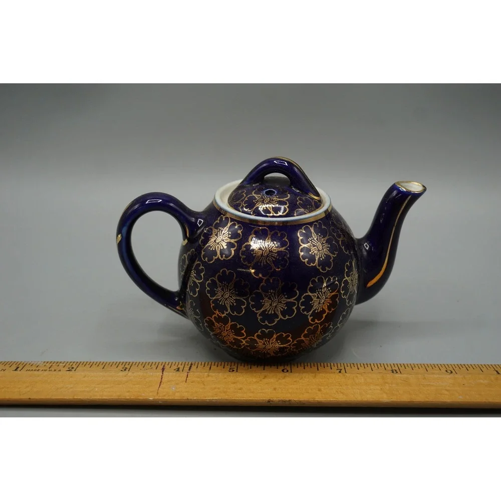 Vintage Hall China Cobalt Blue Gold Floral 2 Cup Teapot Shape 048 USA MCM